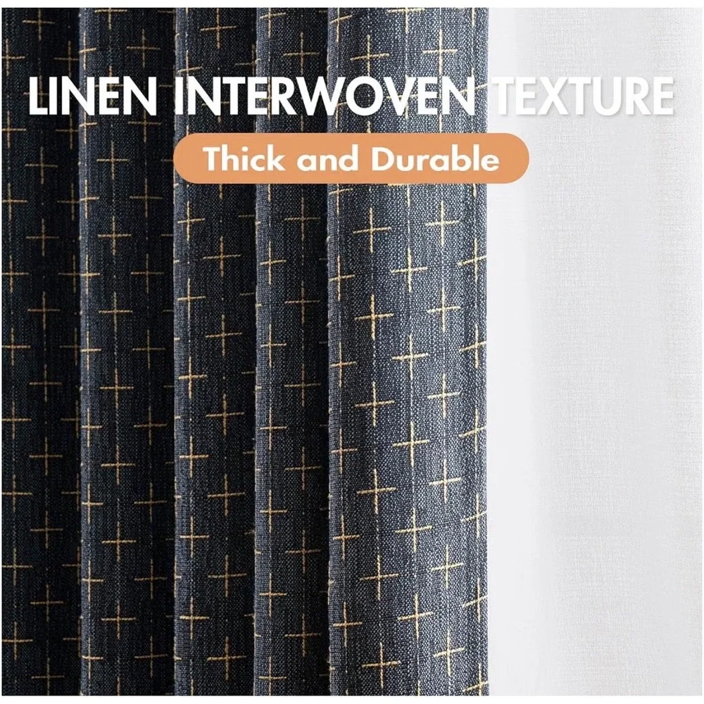 MIULEE 100% Blackout Linen Curtains Geometric Pattern Farmhouse Drapes Navy Blue